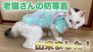 痩せ細った老猫さんに防寒服を着せてみた！【Cat clothes】