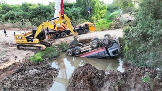 OMG! Massive 24Ton Truck Accident Overturn Backflip In Canal Successful Rescue By Crane KATO NK500E