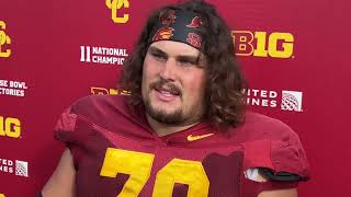 USC OL Jonah Monheim talks to the media after tough loss to Michigan