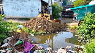 AMAZING New PROJECT! Delete Flooded Area by Expert Dozer D20P Pushing Stone with 5Ton Trucks