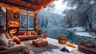Cozy Winter Coffee Shop Ambience ☕ Warm Jazz Instrumental Music & Crackling Fireplace for Relaxing