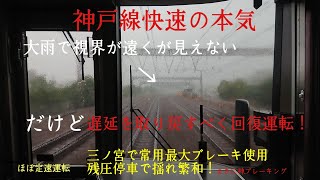 【大雨の中決死の回復運転】223系住吉〜三ノ宮 常用最大ブレーキ使用あり(三ノ宮)