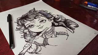 Shree Krishna Drawing with pen sketching, how to draw cute kanha, pentonic pen sketching