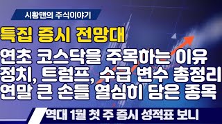 증시 전망대. 연초 증시 코스닥 시장을 노리는 이유. 주요 증권사별 25년 증시 전망. 정치 상황, 트럼프, 수급 변화 등 변수 총정리. 연말 큰 손들이 열심히 담은 종목들 리스트