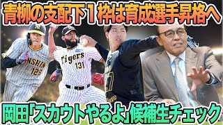 【青柳の支配下1枠は育成選手昇格に活用へ】岡田顧問「スカウトやるよ」候補生チェックへ、野口がDeNA宮崎に弟子入り　　阪神タイガース　阪神　藤川監督　藤川球児　支配下昇格　岡田顧問　スカウト　野口