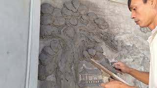 How to sculpt a banyan tree with cement to decorate the wall.