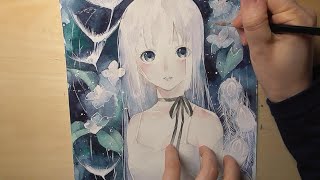 【透明水彩】ホワイトをアウトラインに使うイラストのメイキング【ツルアジサイと白孔雀】●Watercolor Painting