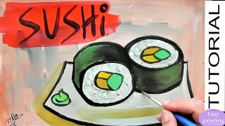 How to paint SUSHI - Step by step tutorial. Kitchen Art for beginners. Acrylic painting  寿司