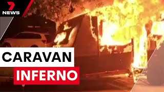 Gold Coast family's caravan engulfed by fire | 7 News Australia