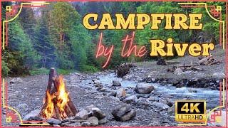 4K UHD Sunset Campfire by the River - 2h Relaxing Crackling Fire & Nature Sounds (High Quality)