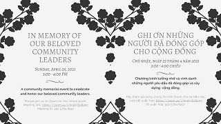 In Memory of Our Beloved Community Leaders Zoom Event April 25, 2021
