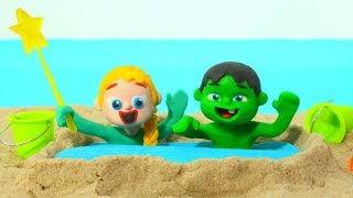 BABY HULK MAKES A SAND POOL  ❤ Superhero & Frozen Elsa Play Doh Cartoons For Kids