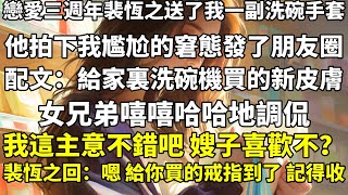 戀愛三週年，裴恆之送了我一副洗碗手套。他拍下我尷尬的窘態發了朋友圈，配文：給家裏洗碗機買的新皮膚。女兄弟嘻嘻哈哈地調侃：我這主意不錯吧，嫂子喜歡不？裴恆之回：嗯。給你買的戒指到了，記得收。