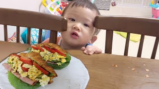 VLOG Making Delicious Croissant Sandwich, Daddy vs Mommy Cooking Competition | 15 months of baby