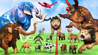 5 Giant Mammoth Elephant cow vs 5 Giant Lion Tiger Wolf vs Zombie Bull Zebra Saved by Woolly Mammoth