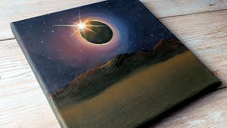 Solar eclipse painting on black canvas / easy acrylic painting for beginners ✨️