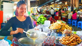 CAMBODIA Street Food - Rice Noodle, Spring Roll, Fried Noodles, Donuts \u0026 More at Central Market