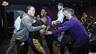 Scott Machado breaks the news to his teammates that he’s been signed by the Lakers