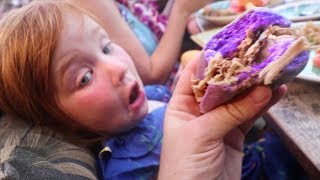 PURPLE FOOD!! Adley Moana Makeover SURPRISE DATE with mom and dad for my first Luau!