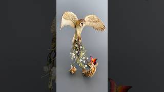 Collectible Owl sculpture with a fire butterfly, made of air clay. OOAK