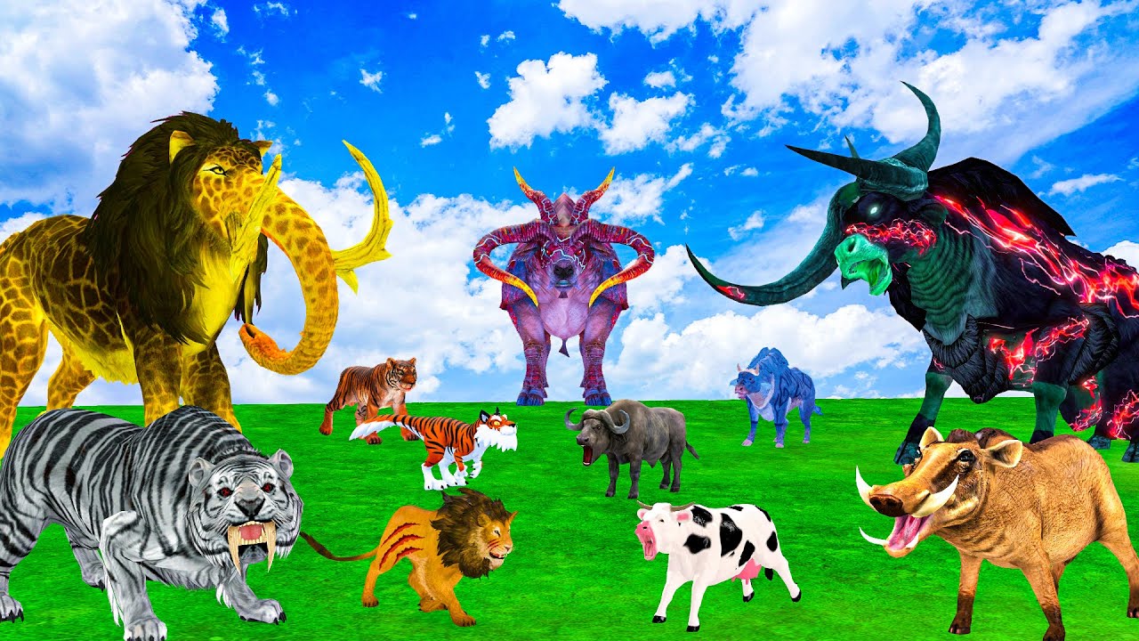 5 Giant Mammoth Elephant Cow Vs Giant Indian Bison Vs 5 Giant Lion