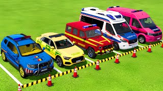 TRANSPORTING DACIA, AUDI, VOLKSWAGEN POLICE CARS \u0026 MERCEDES AMBULANCE VEHICLES WITH TRACTORS ! FS22