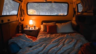 Hide in the comfortable camping RV and fall asleep listening to the wind and snow live snowfall
