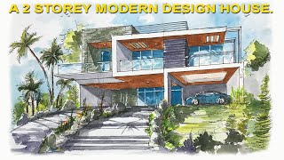 HOW TO DRAW 2 POINT PERSPECTIVE MODERN HOUSE.