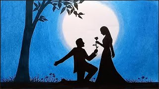 How to draw scenery of moonlit night with romantic love  || Valentine's day drawing
