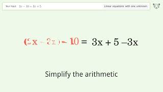 Linear equation with one unknown: Solve 2x-10=3x+5 step-by-step solution