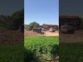 Processing landfill with a Mitsubishi D20A bulldozer pushing soil into water with dump trucks 5ton