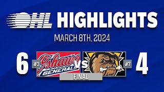 OHL Highlights: Oshawa Generals 6 @ Brantford Bulldogs 4 - Mar. 8/24