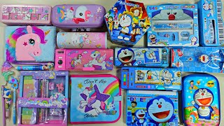 stationery collection, unicorn toy collection vs doraemon toy collection, stationery for exam, pen
