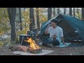 solo camping in forest with my dog . grilled eel in the wild . wood stove asmr