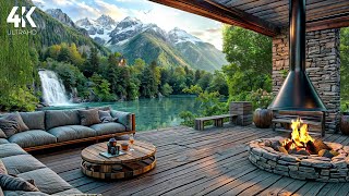 A Beautiful Spring on a Cozy Terrace by the Lake - 4K 🌺Lake Water \u0026 Fireplace Sounds for Study, Work