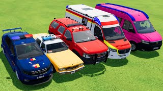 TRANSPORTING ALL POLICE CARS and AMBULANCE EMERGENCY VEHICLES WITH MERCEDES ELECTRIC TRUCKS ! FS22