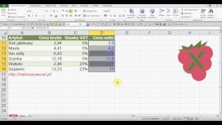 Excel: obliczanie ceny netto (bez podatku VAT)