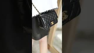 Chanel Classic Flap Handbag Lambskin Leather \u0026 Gold-Tone Metal Black Size:18cm #shorts