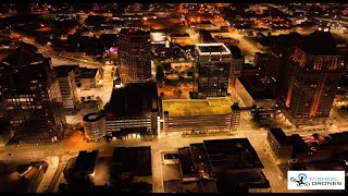 Greensboro NC - 4K Drone Hyperlapse Video - Oct 2023 Downtown Skyline Rotation at Sunrise