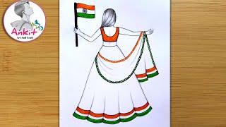 Republic Day Drawing Easy Steps / How to draw 26 January Drawing Easy Step/Traditional Girl Drawing
