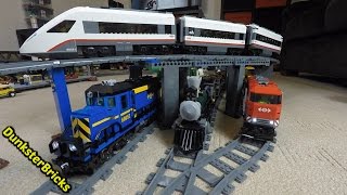 LEGO Train Track Setup! Passenger, Cargo and Steam Trains, with Slopes and Bridges! Fills Two Rooms!