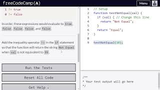 Comparison with the inequality operator - freeCodeCamp | Video 63 | Basic JavaScript