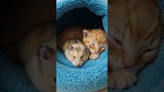 Adorable Nap: Hamster and Kitten Cuddle in Cozy Bed!