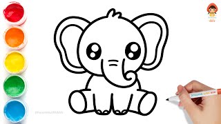 How to Draw Cute Elephant, Easy Drawing and Painting Animal Idea for Kids and Toddlers