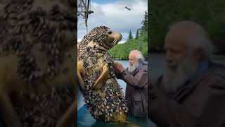 Golden seal parasitized by millions of barnacles, it ask help  from the old man