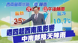 【戴立綱報氣象】週四起西南風影響 中南部陰天陣雨｜週休中部以南局部雨 北部高溫炎熱 20240807