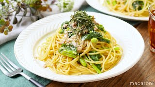 【菜の花とツナの和風パスタ】味付けはめんつゆで簡単！フライパンひとつで完成♪｜macaroni（マカロニ）