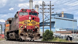 Bonnet Leader! BNSF 754 Leads a Dash 9 Trio Past the Drake Power Plant in Bonnet Silver and Red!