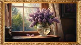 Vintage TV Art: Elegant Oil Painting of Lilacs in a Vase | Gold Framed Classic Floral Art | 4K