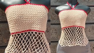 How to crochet crop- tank top with mesh✨️||Super easy and beginner friendly